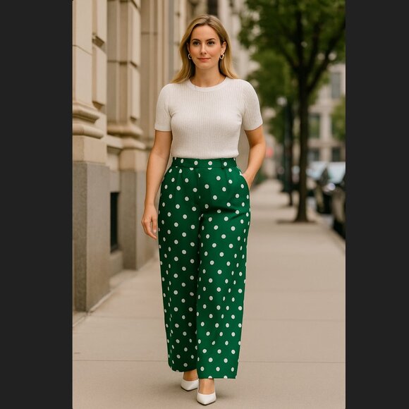 Ann Taylor NWT Wide Leg Pants 10P Green Polka Dot Crepe High Rise Pleated READ - Picture 1 of 16